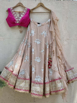 Nude Butti and Fuchsia Lehenga Set - M image
