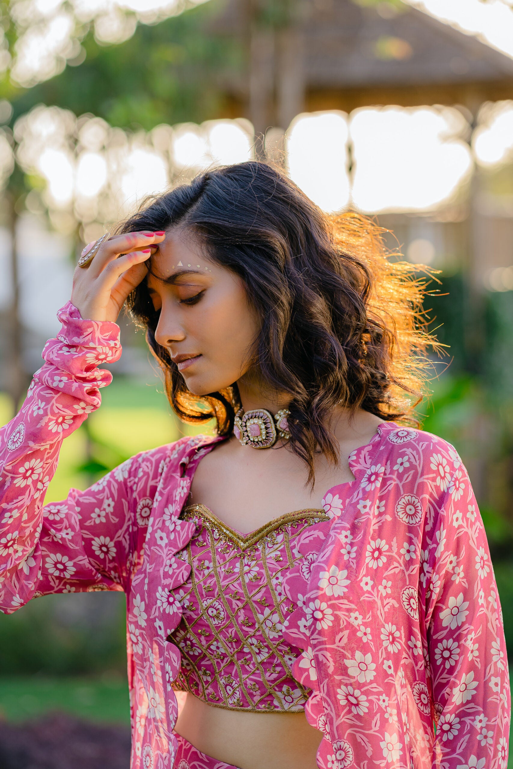 Mauve Printed &amp; Embroidered Long jacket &amp; pallazo pants Set image 4