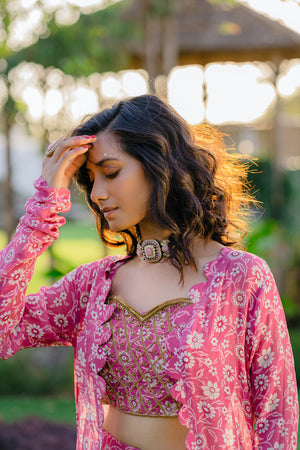 Mauve Printed &amp; Embroidered Long jacket &amp; pallazo pants Set image 4