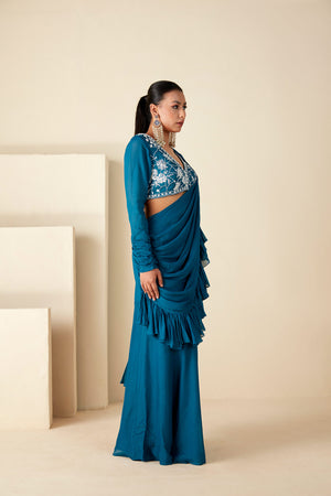 Teal Blue Ruffle Pant Saree image 4