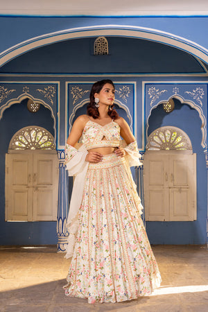 Off-White Georgette &amp; Organza Embroidered Lehenga Set image 6
