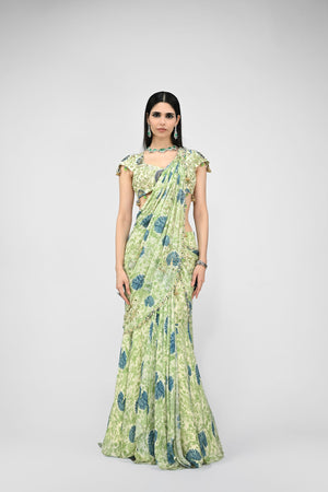 Highlighted Pre Stitched Peacock Saree Paired with Printed Highlighted Peacock Blouse image 2