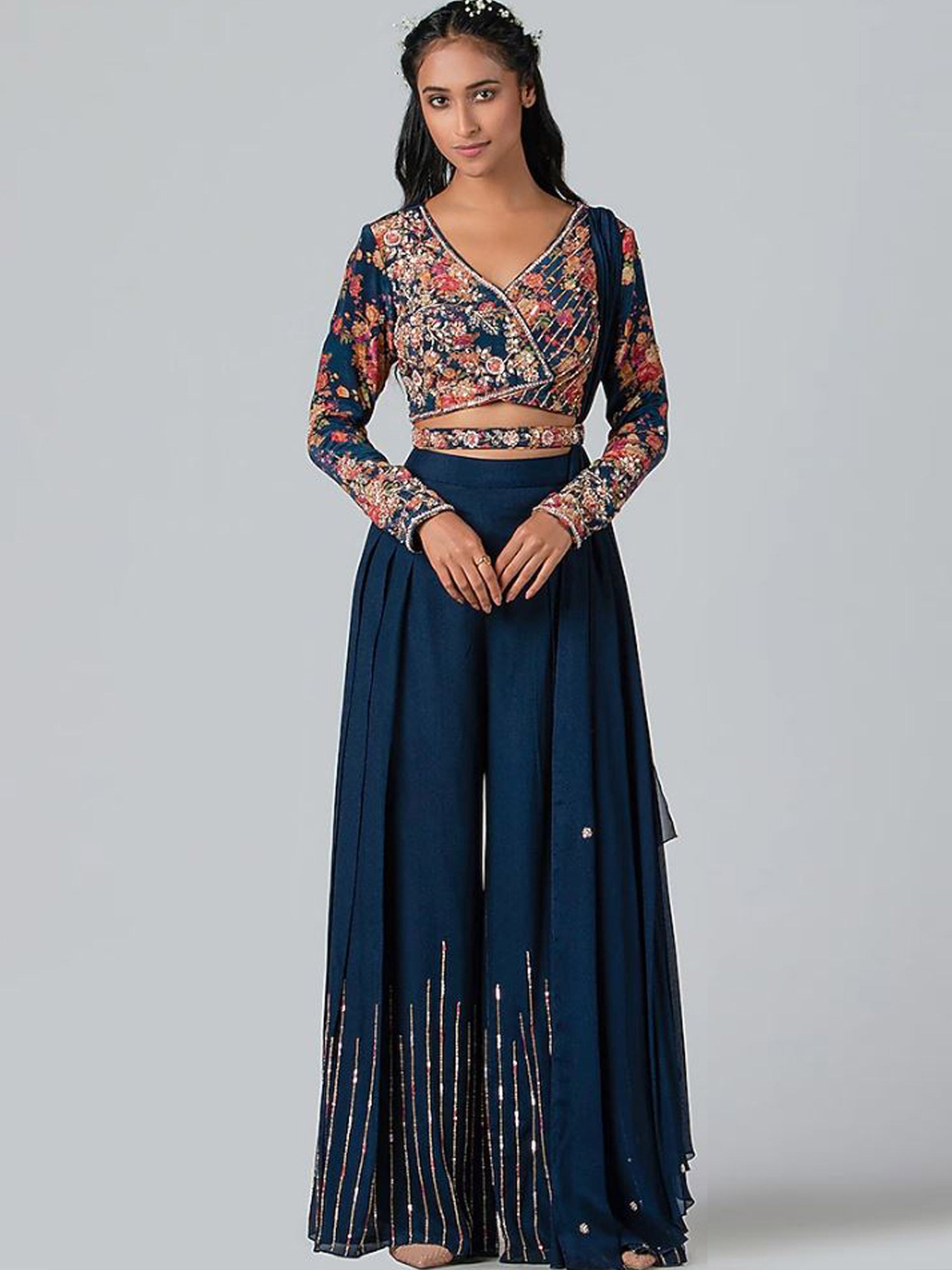 Dark Blue Floral Flared Pant Set - S image
