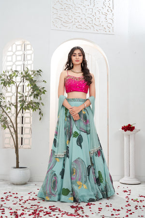 Dusty Blue hand painted lehenga with Pink embroidered bustier set - M image