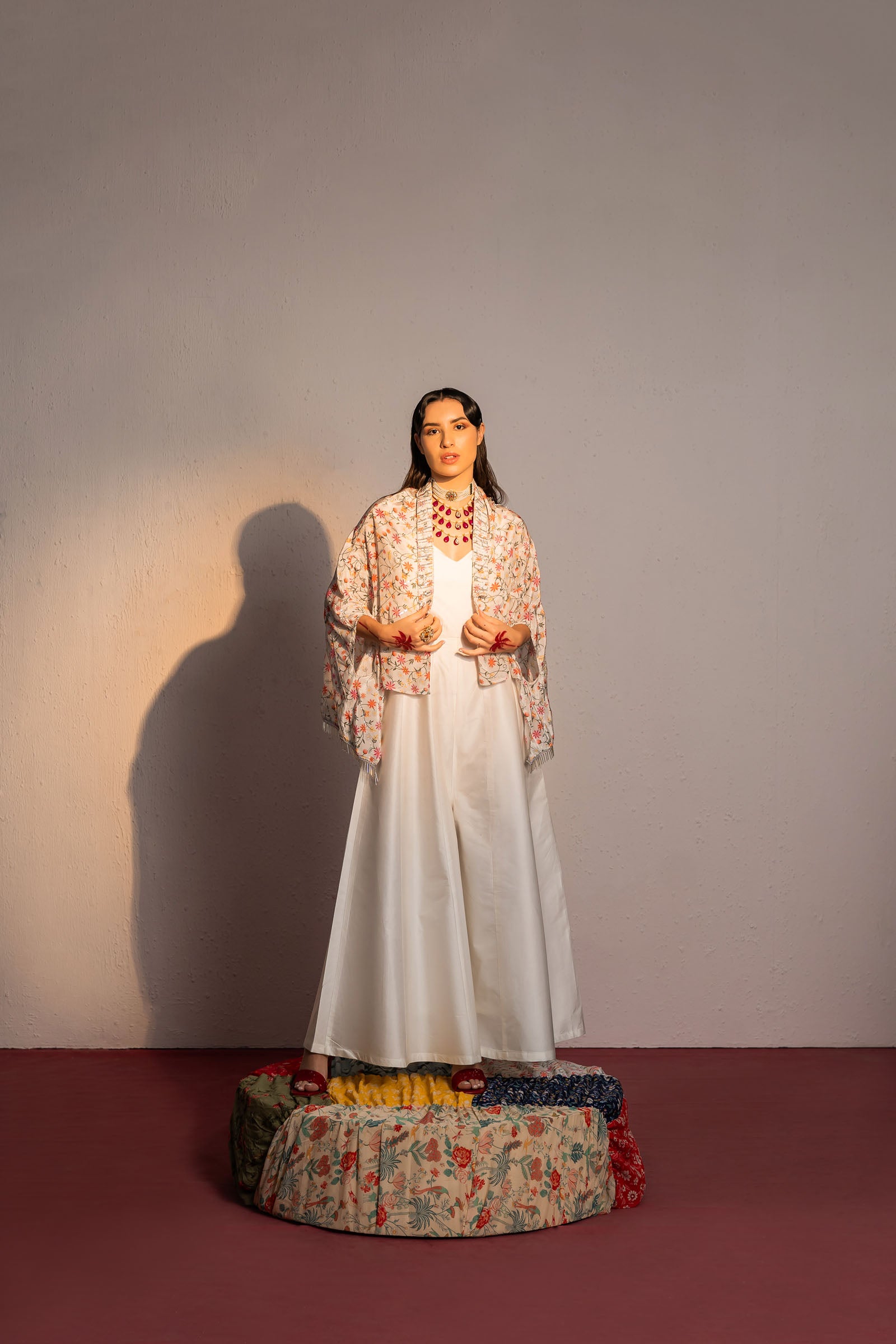 Ivory Printed And Embroidered Jumpsuit with Cape - XL image