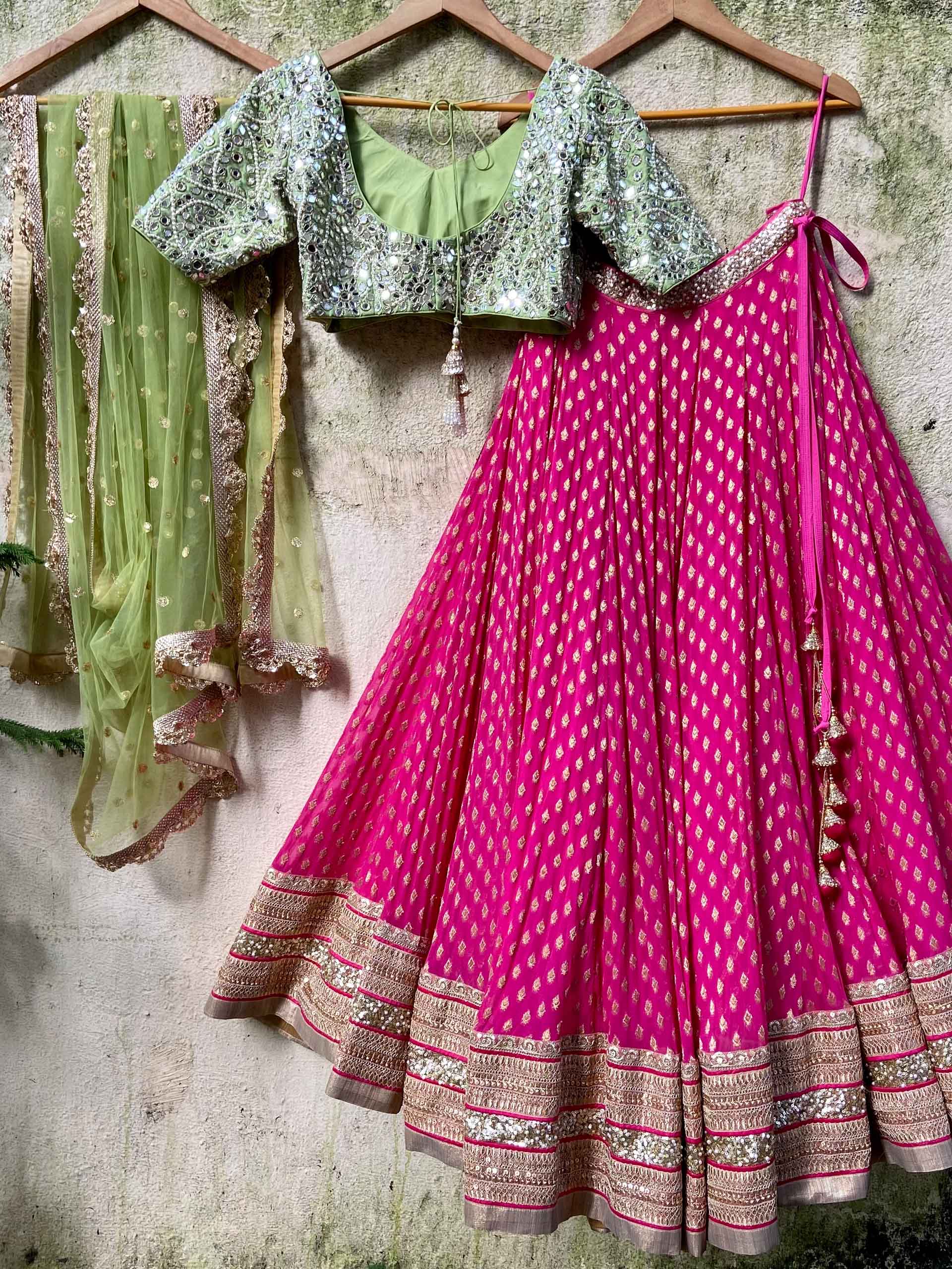 Fuchsia and Olive Green Zari Lehenga Set image 3
