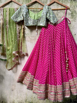 Fuchsia and Olive Green Zari Lehenga Set image 3