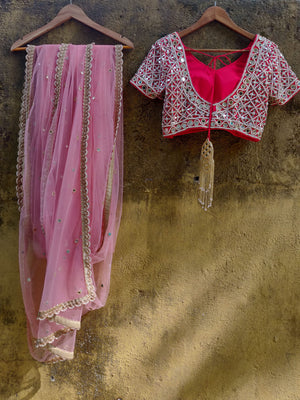 Blush Net Saree with Red Mirror Blouse image 2