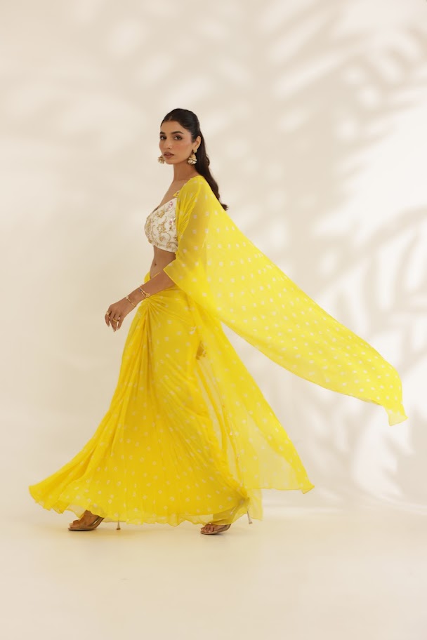Yellow and White Bandhani Skirt and Cape Set image 3