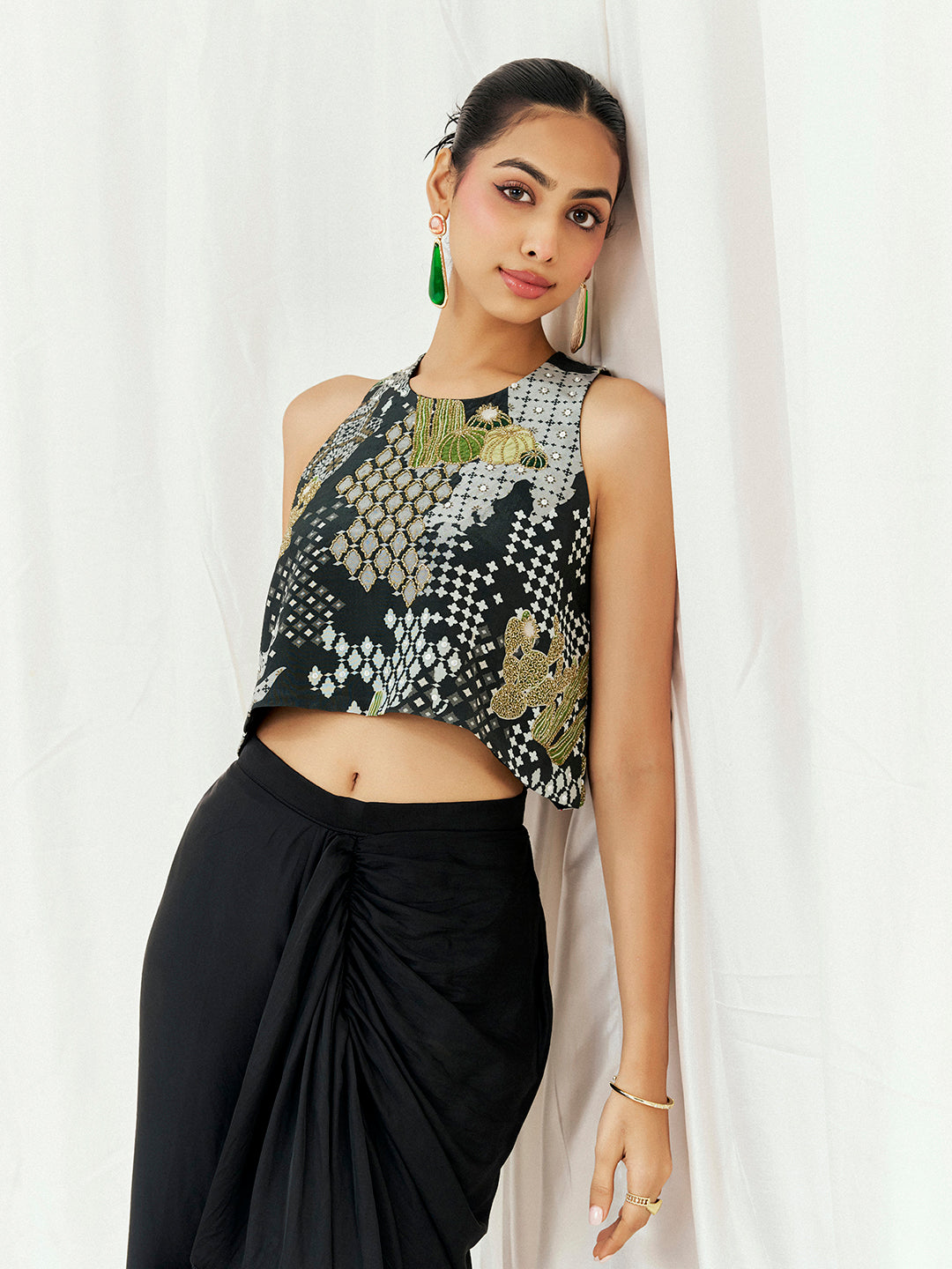 Black Printed Embroidered Drape Skirt Set image 6