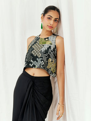 Black Printed Embroidered Drape Skirt Set image 6