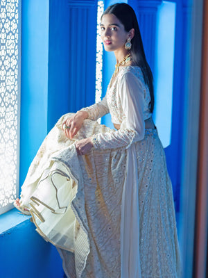 Ivory Lucknowi Embroidered Lehenga Set image 3