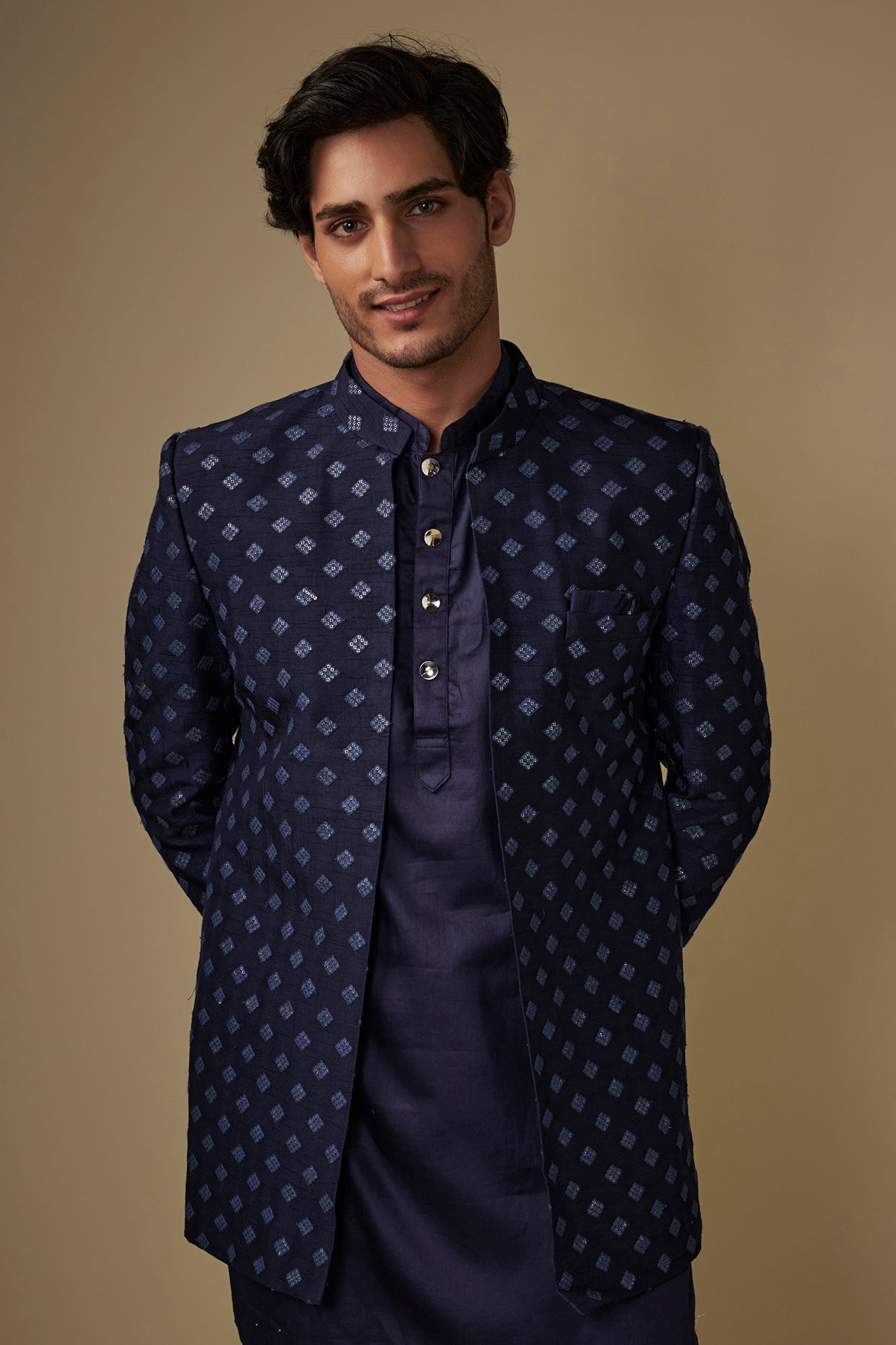 Navy Blue Embroidered Indo Western Set image 2