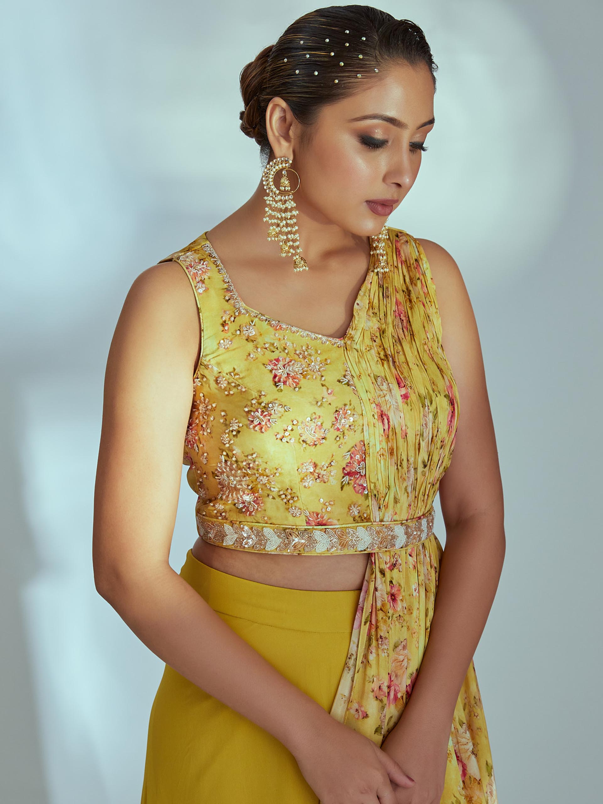 Yellow Floral Pre Draped Dupatta Set image 1