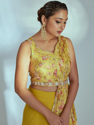 Yellow Floral Pre Draped Dupatta Set image 1