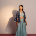 Royal Blue Printed And Embroidered Jacket & Palazzo Pant Set image 0
