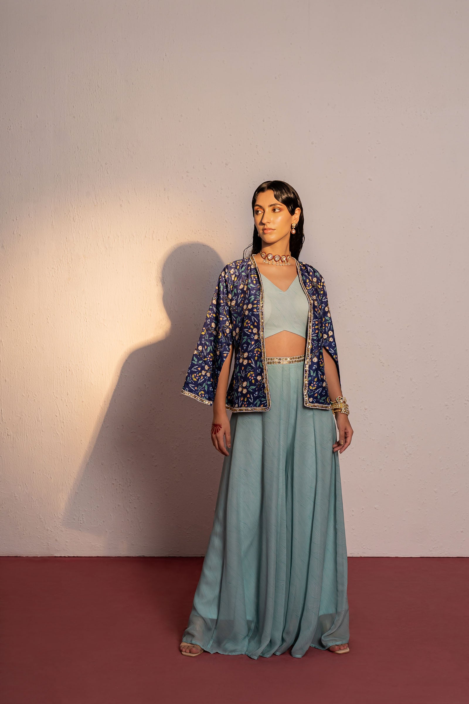 Royal Blue Printed And Embroidered Jacket & Palazzo Pant Set image 0