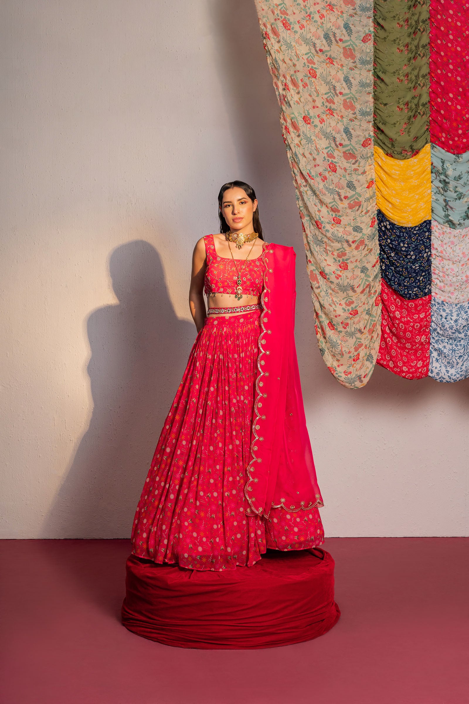 Hot Pink Printed And Embroidered Lehenga Set - M image