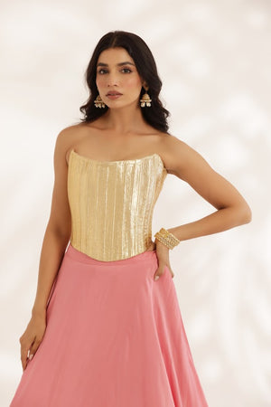 Coral Peach Crepe Lehenga With Gotta Corset image 2