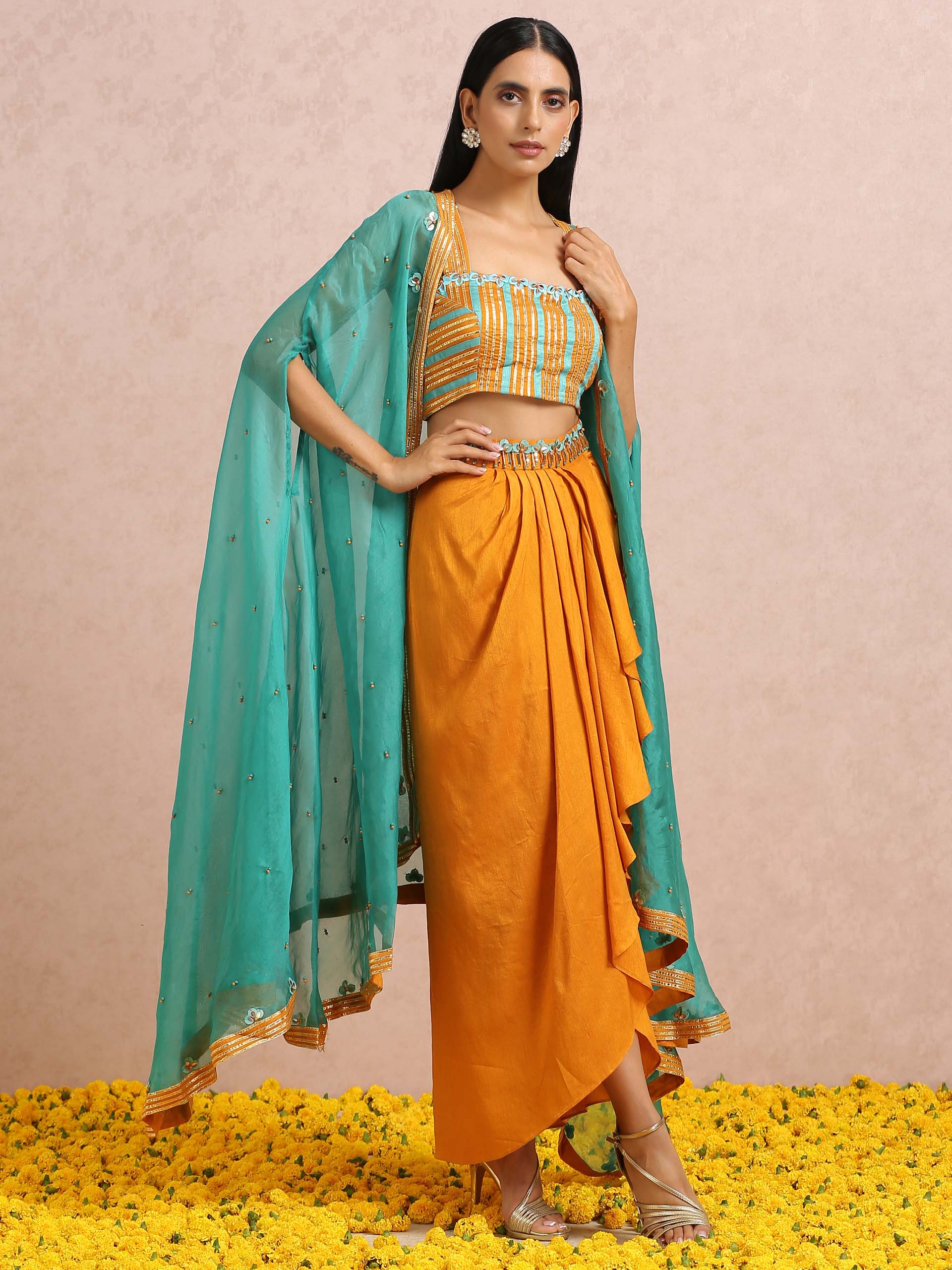 Rust Orange Dhoti Skirt Set with Teal Cape image 2