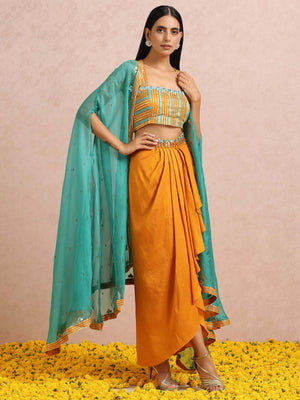 Rust Orange Dhoti Skirt Set with Teal Cape image 2