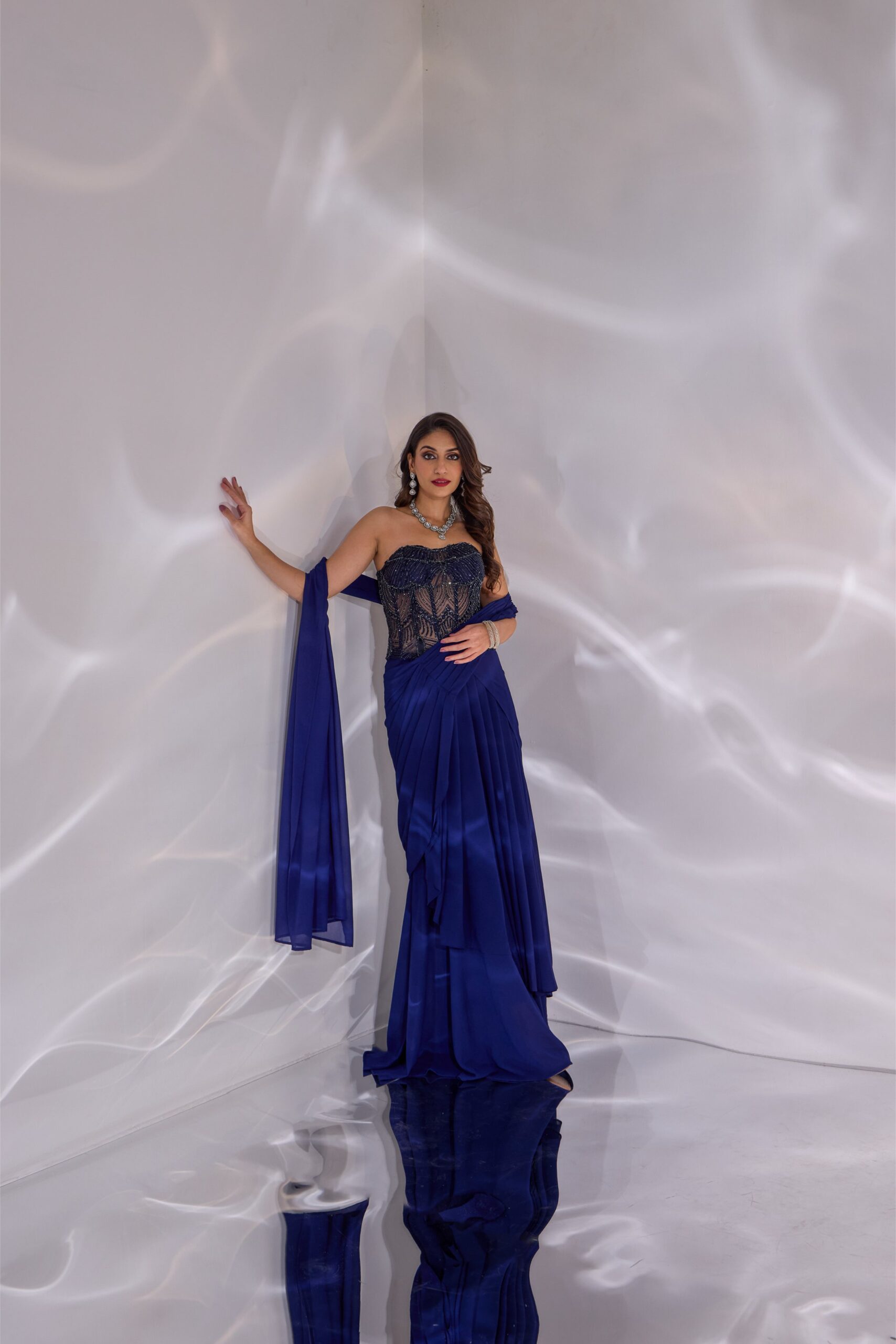 Navy Blue Dori Corset  Drape Saree Set - L image