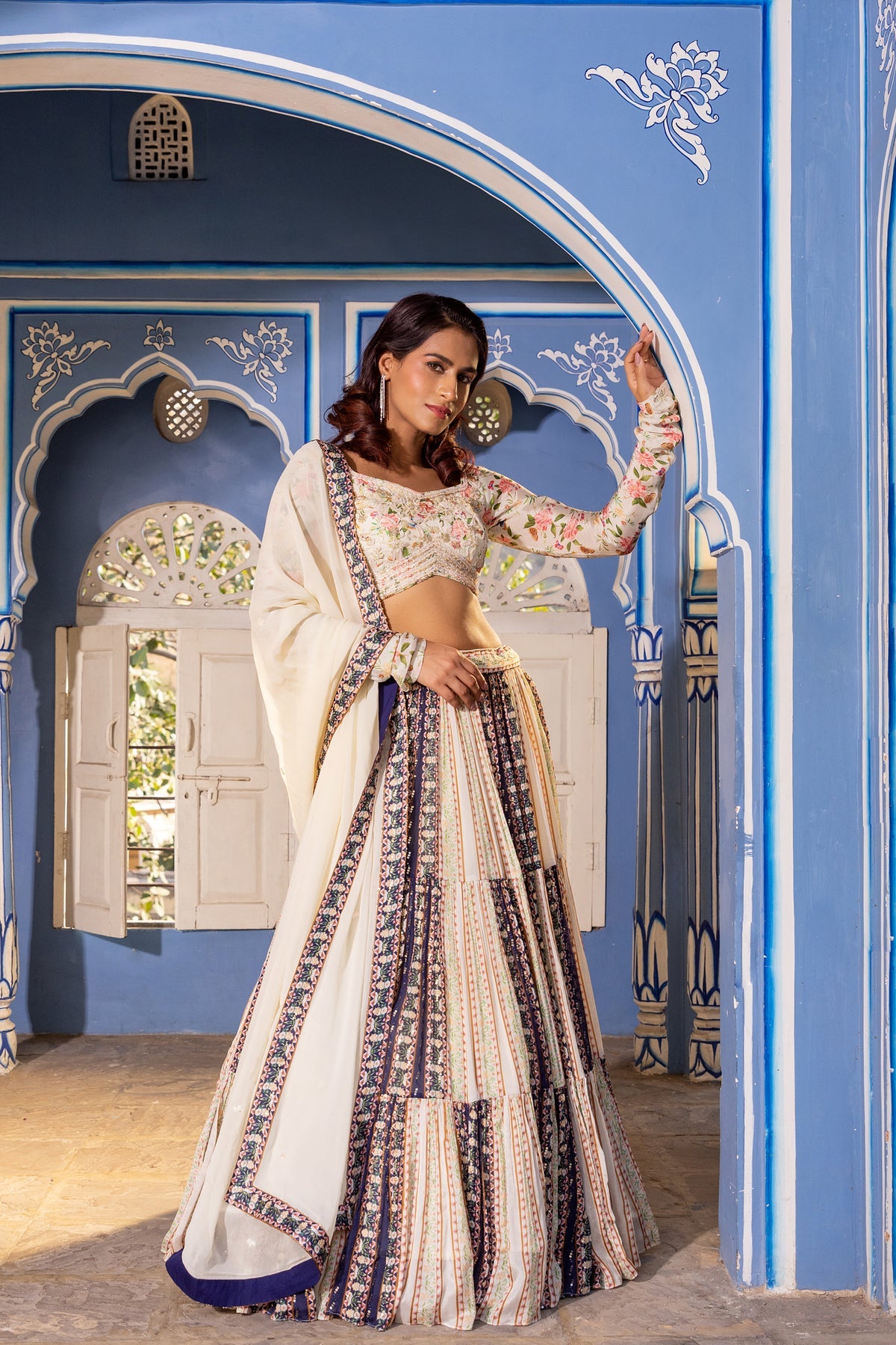 Off White Blue Layer Lehenga Set image 4