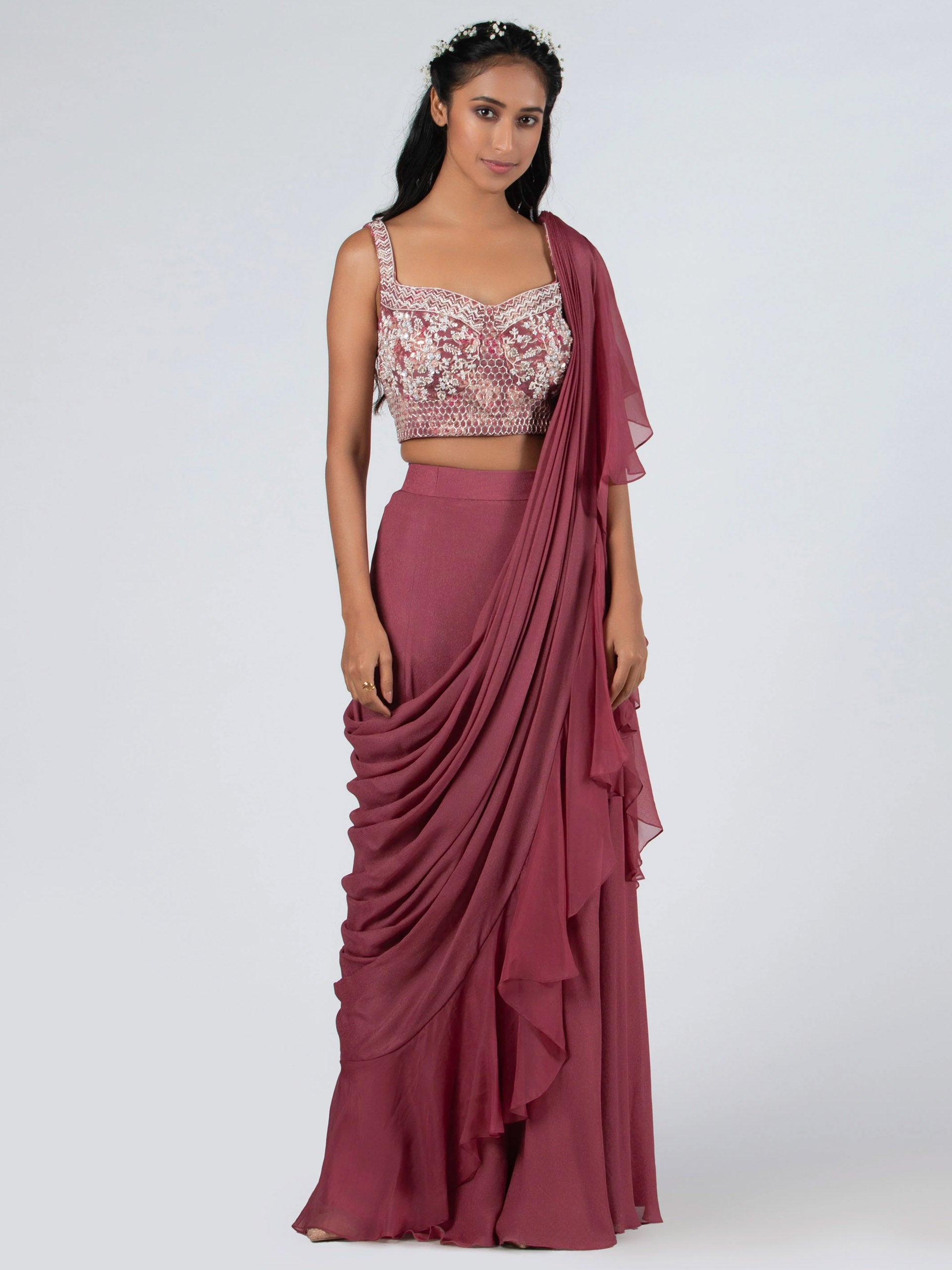 Pre Drape Mauve Ruffle Saree Set - L image