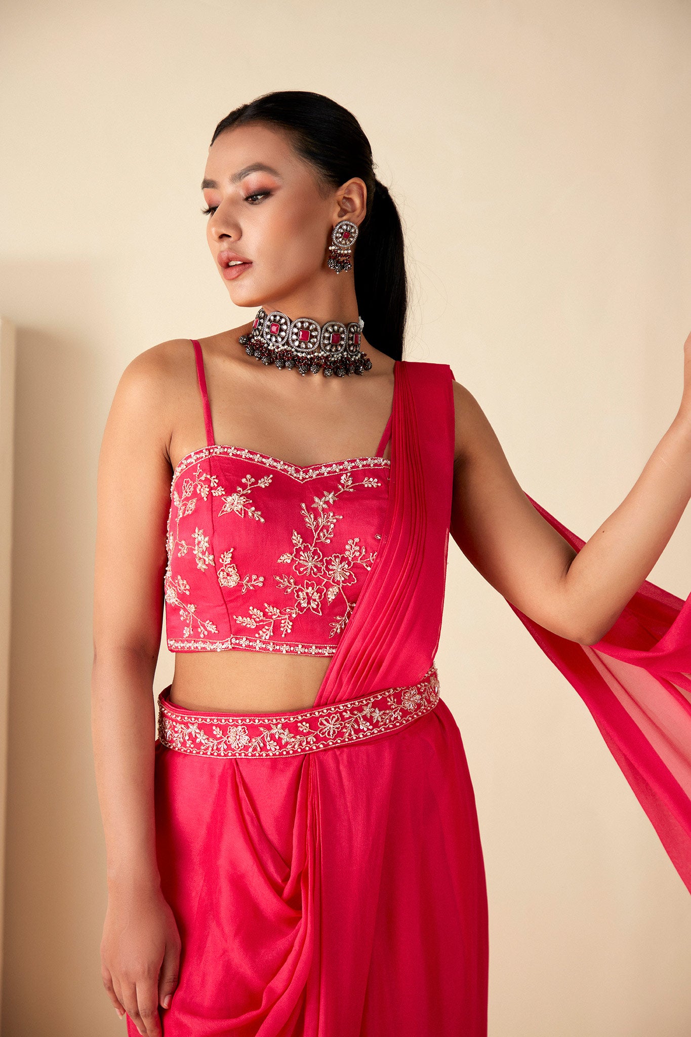 Pink Georgette Crepe Bustier Skirt Saree image 2