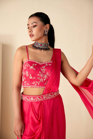 Pink Georgette Crepe Bustier Skirt Saree image 2
