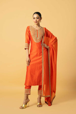 Orange Chanderi Silk 3 Quarter Sleeve Kurta - XL image