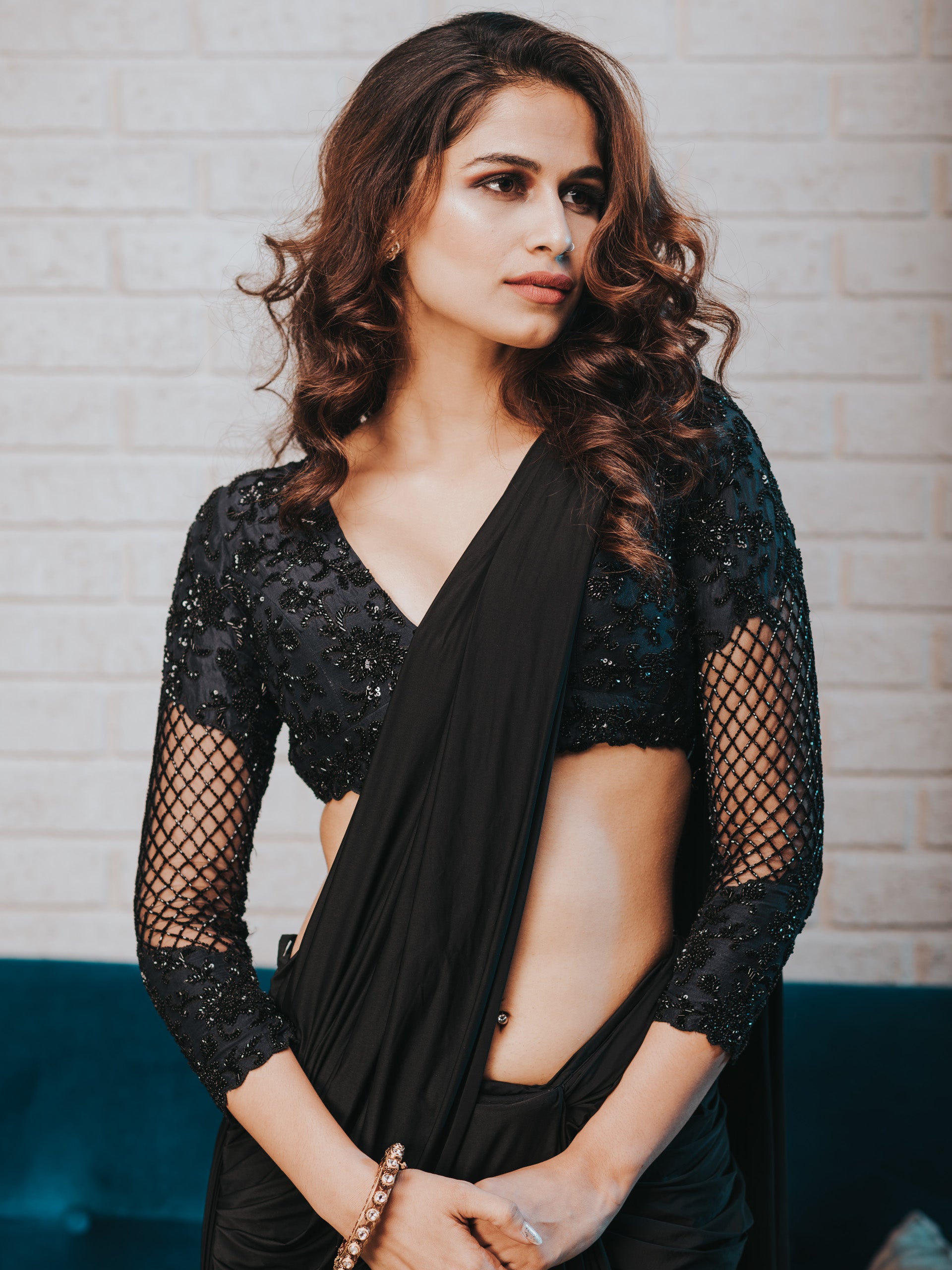 Black Drape Saree Set image 1