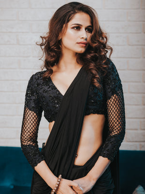 Black Drape Saree Set image 1