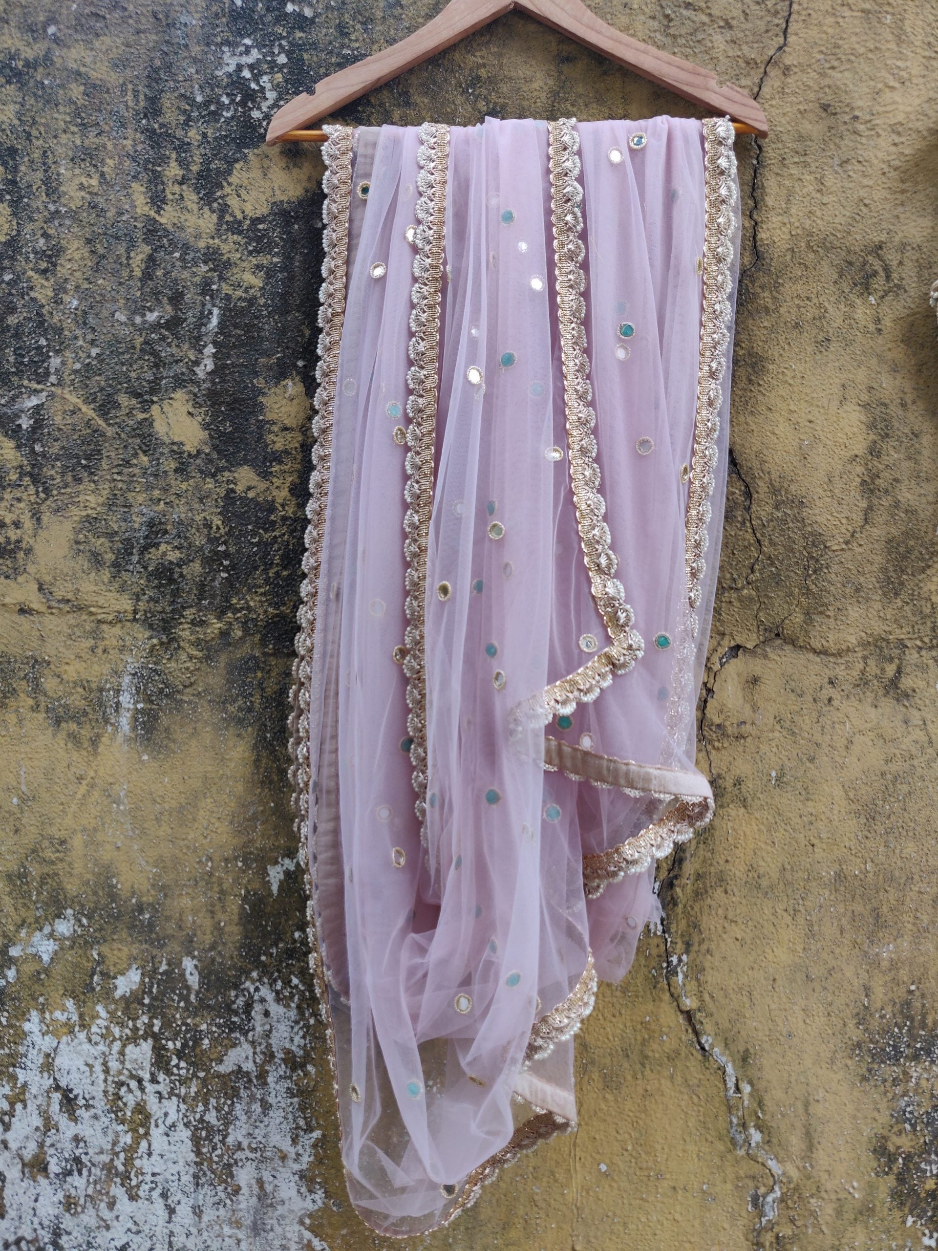 Dust Pink Net Saree with Pearl and Mirror Work Blouse image 3