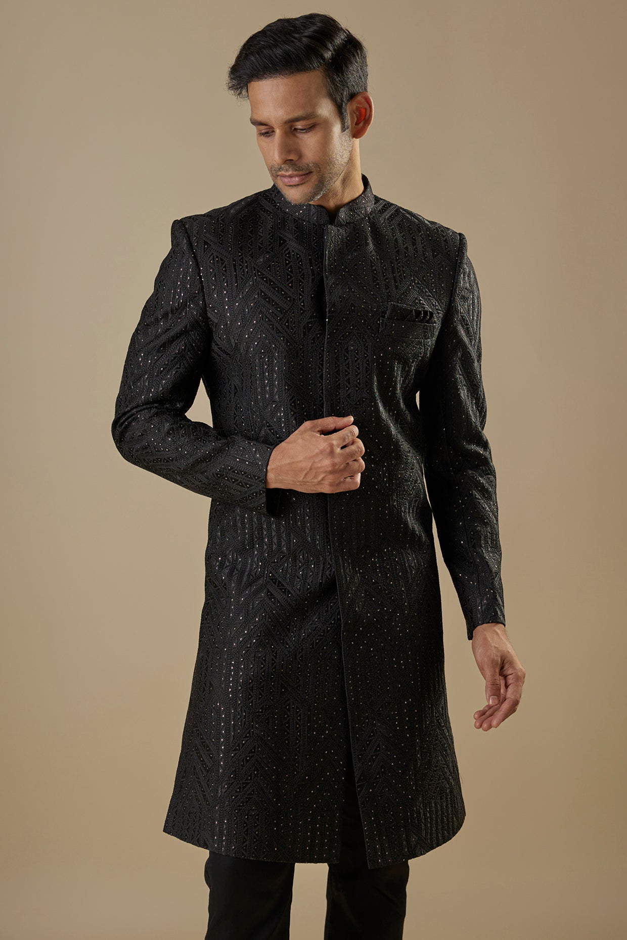 Black Geometric Embroidered Sherwani Set image 1