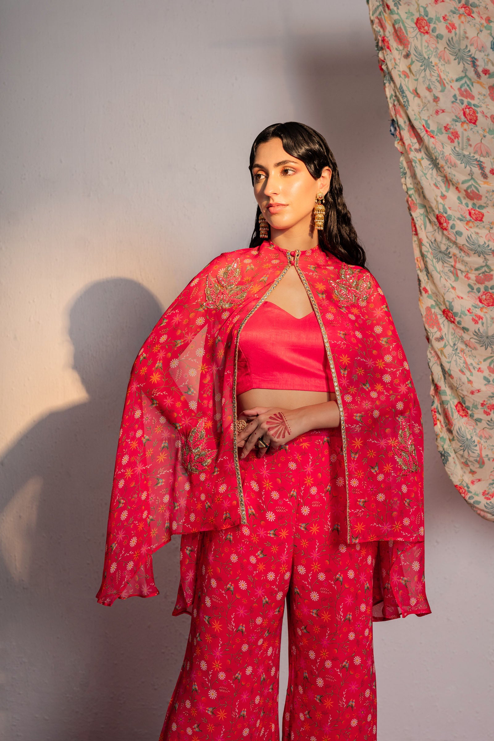 Hot Pink Printed And Embroidered Cape And Pants Set image 3