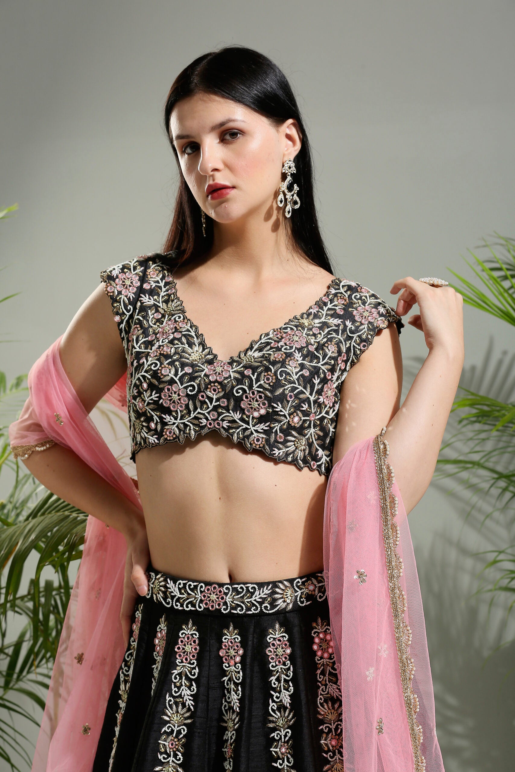 Black and Pink Thread and Mirror Hand Embroidered Lehenga Set image 6
