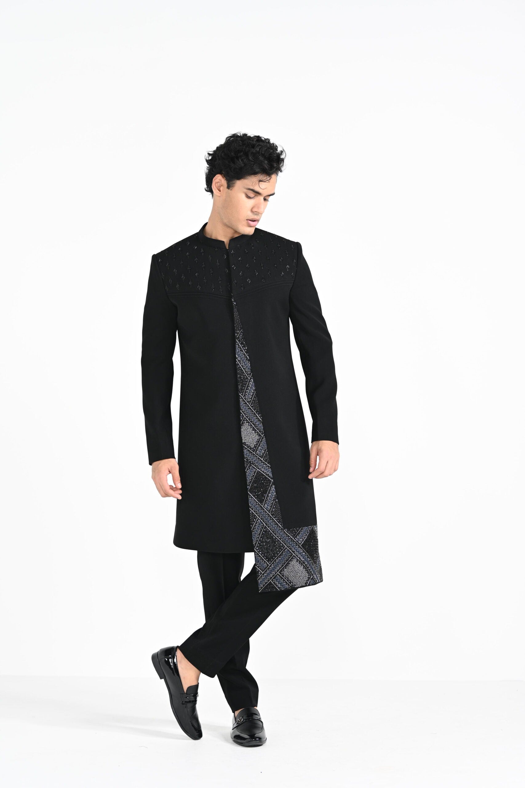 Black Panelled Achkan Set image 6