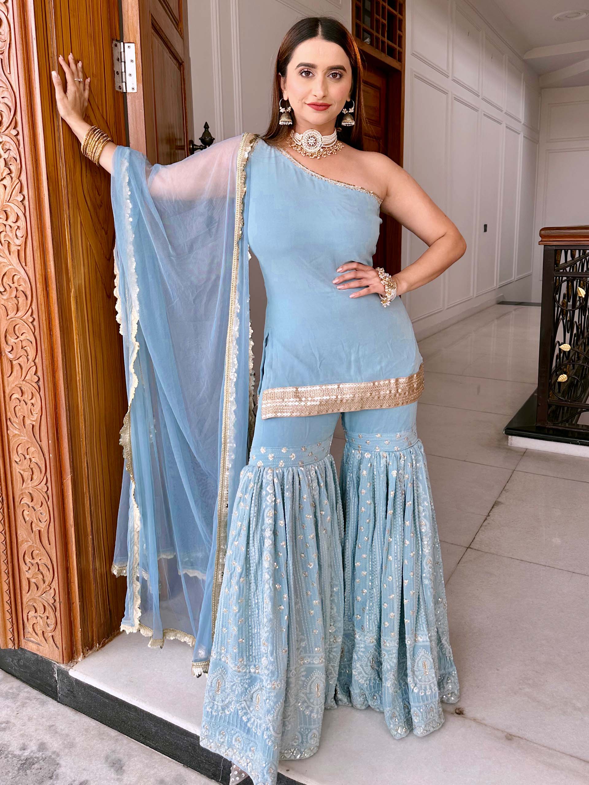 Grey Blue Sharara Set image 3