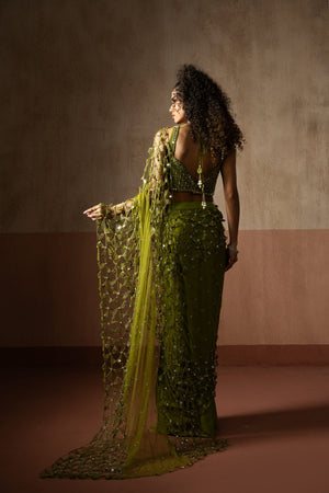 Pre-Draped Mehendi Green  Hand Embroidered Net & Satin Saree image 6