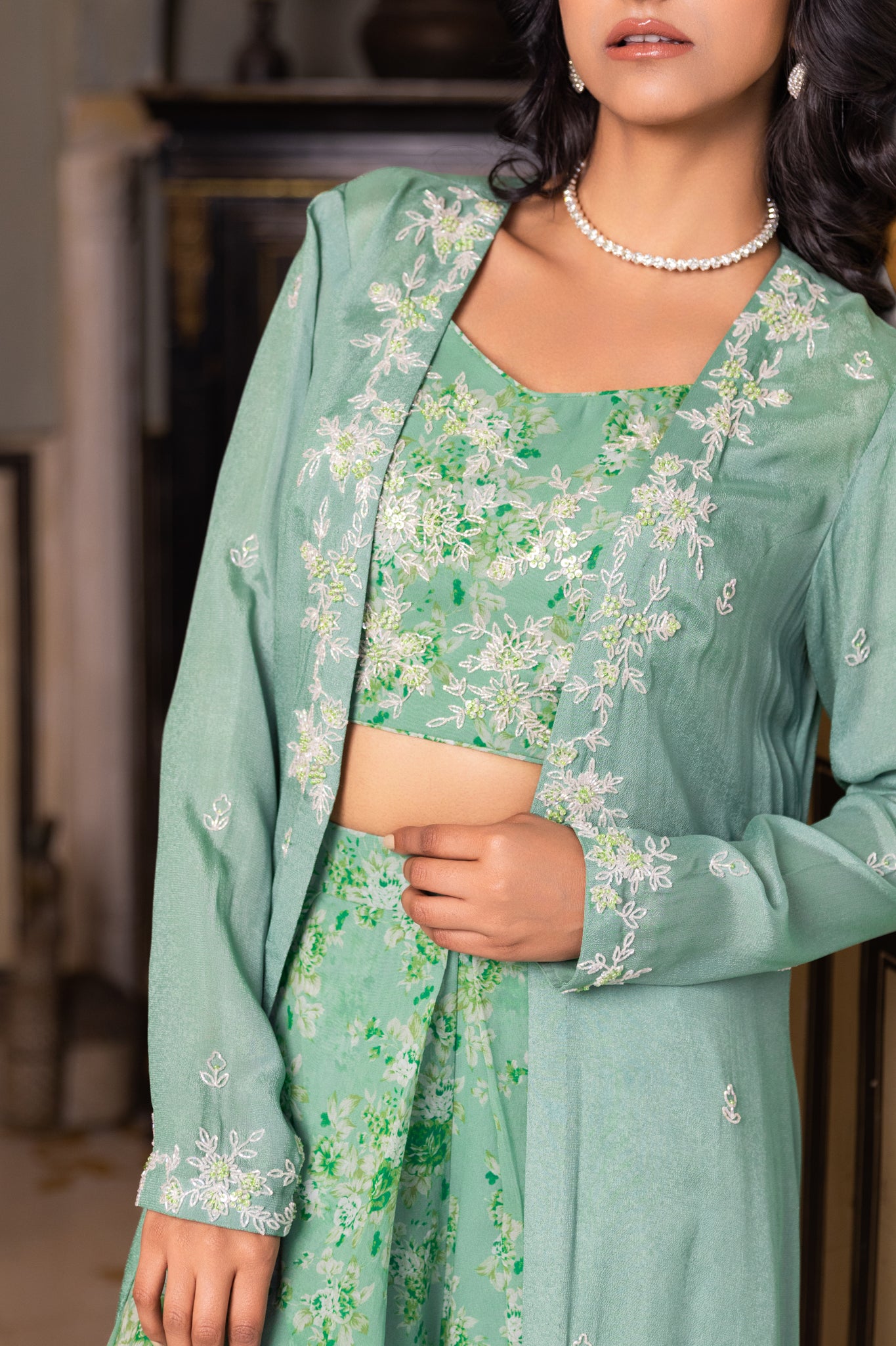 Green Georgette Hand Embroidered Jacket Set image 3