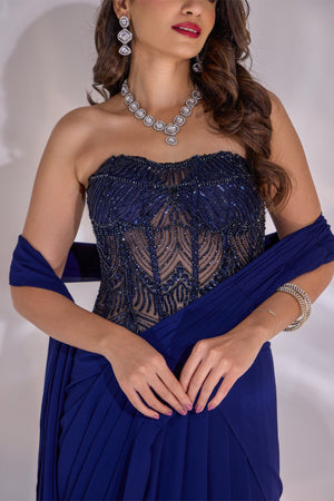 Navy Blue Dori Corset  Drape Saree Set image 2