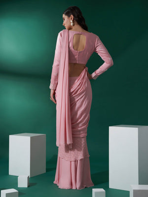 Light Pink Pre Draped Saree Set image 2