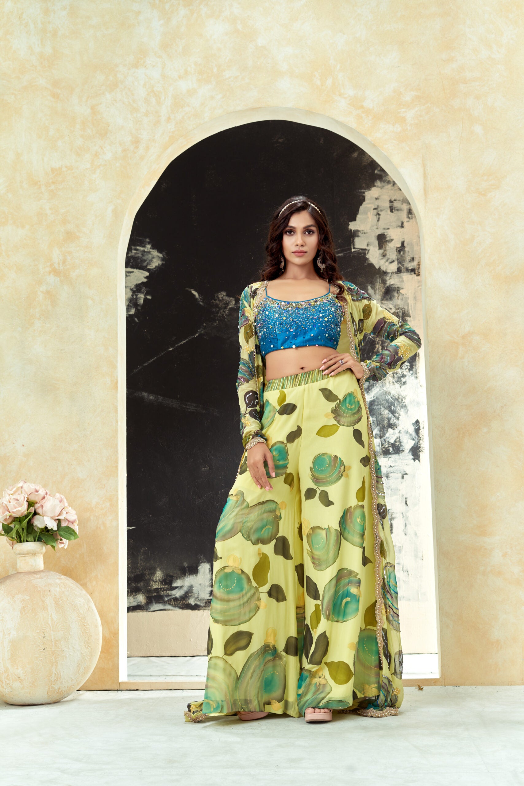 Lime Yellow hand painted palazzo and jacket set image 6