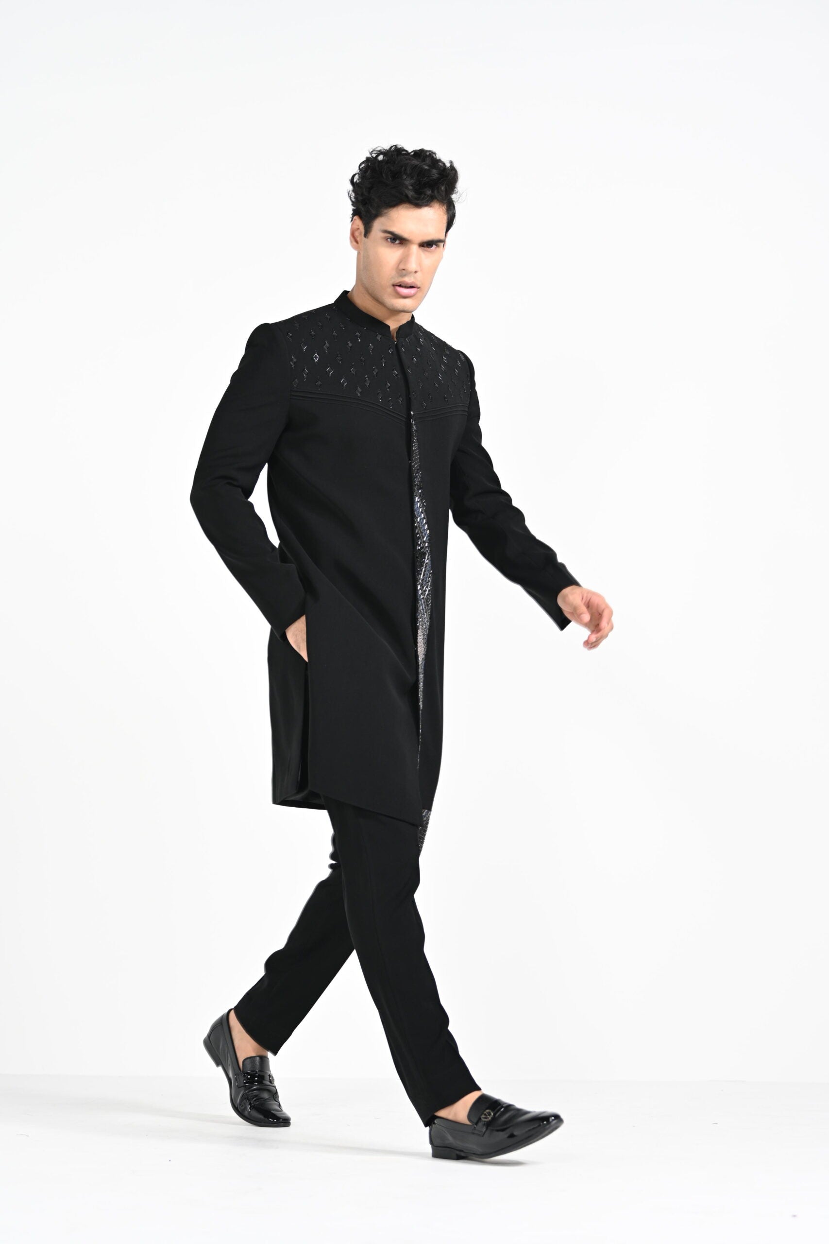 Black Panelled Achkan Set image 2