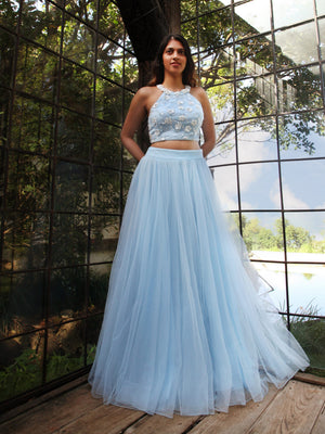 Powder Blue Halter Cut Blouse with Tulle Skirt - L image