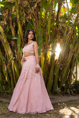Pink Floral Georgette Embroidered Blouse Lehenga Set - S image