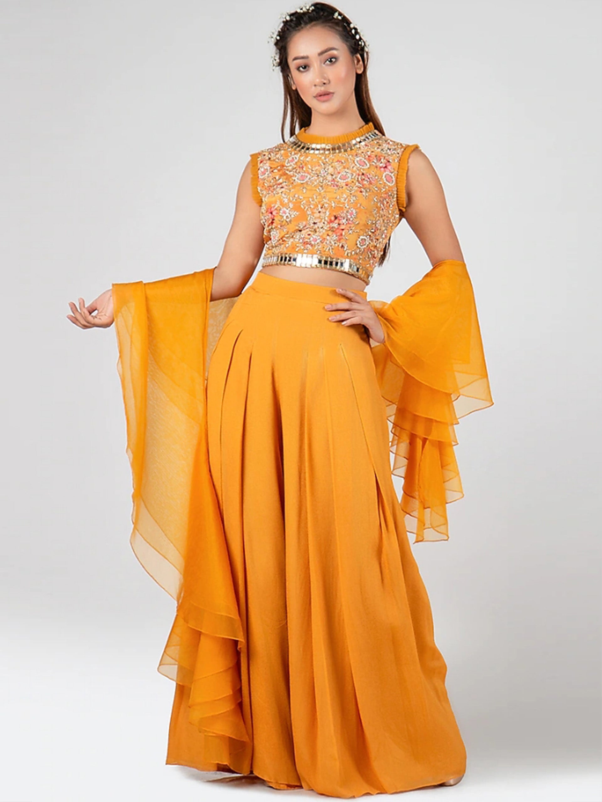 Mustard Floral Flared Pant Set - Custom image