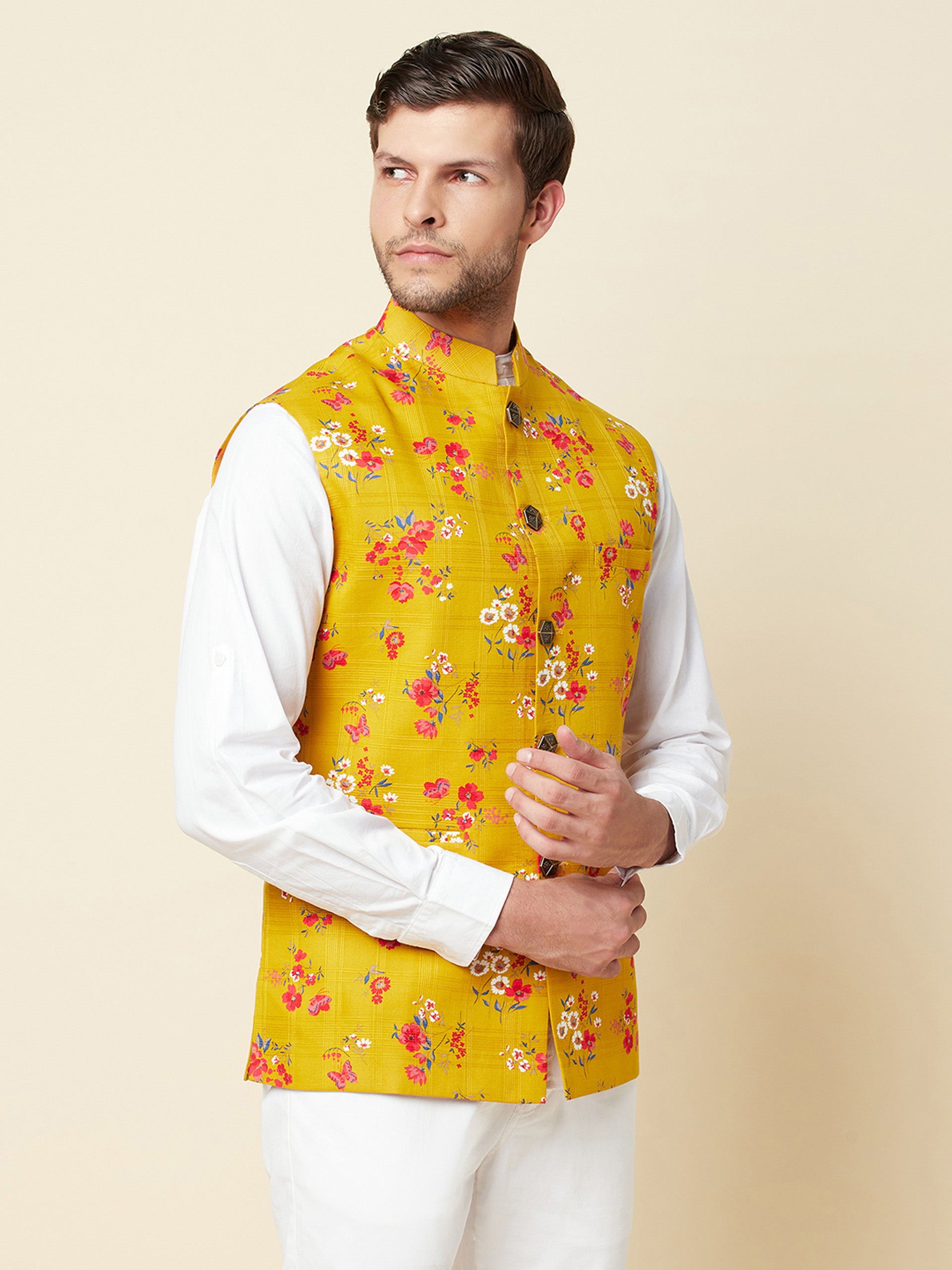 Mustard Print Bundi Jacket image 3