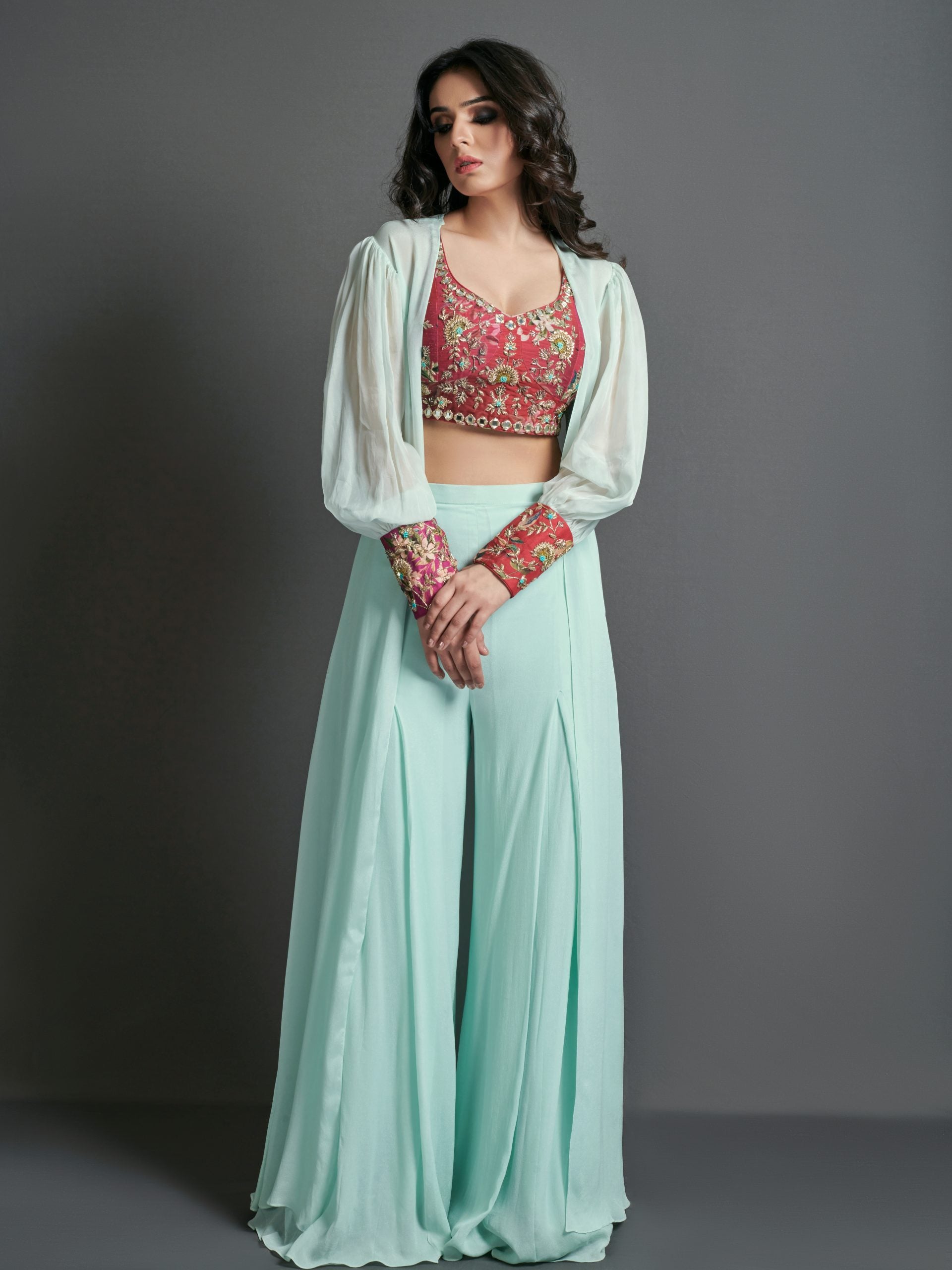 Sea Green and Crimson Red Flare Pant Set image 0